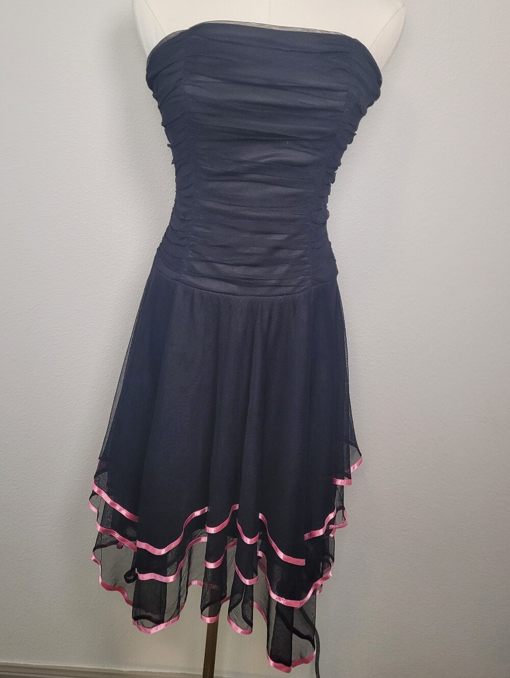 Vintage 2000s Y2K Blondie Nites Black Tulle Pink Ribbon Dress S 3 Mall Goth Prom